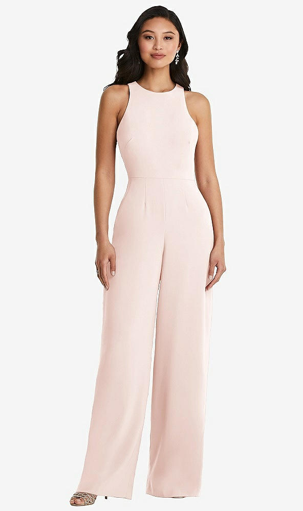 Back View - Blush & Cabernet Cutout Open-Back Halter Jumpsuit with Scarf Tie