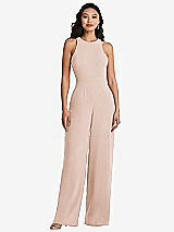 Rear View Thumbnail - Cameo & Cabernet Cutout Open-Back Halter Jumpsuit with Scarf Tie