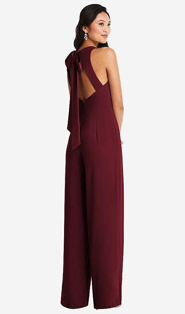 Front View - Cabernet & Cabernet Cutout Open-Back Halter Jumpsuit with Scarf Tie