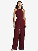 Rear View Thumbnail - Cabernet & Cabernet Cutout Open-Back Halter Jumpsuit with Scarf Tie