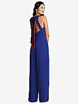 Front View Thumbnail - Cobalt Blue & Cabernet Cutout Open-Back Halter Jumpsuit with Scarf Tie