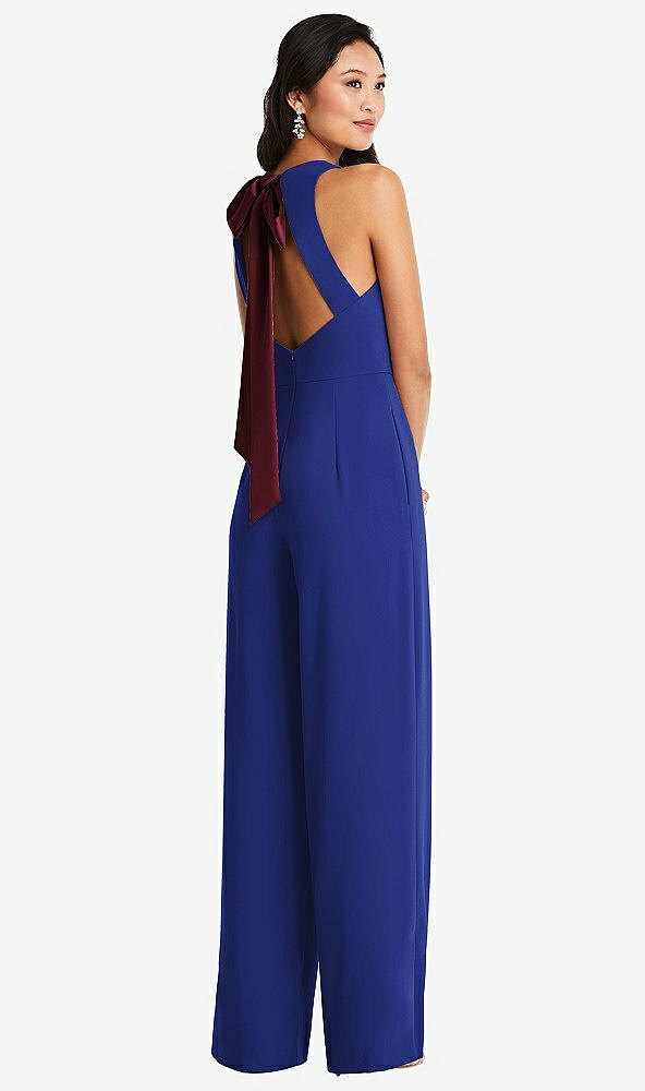 Front View - Cobalt Blue & Cabernet Cutout Open-Back Halter Jumpsuit with Scarf Tie