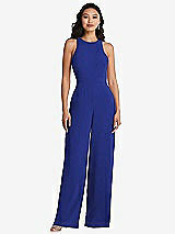 Rear View Thumbnail - Cobalt Blue & Cabernet Cutout Open-Back Halter Jumpsuit with Scarf Tie
