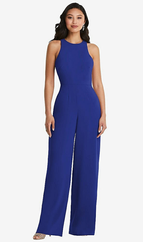 Back View - Cobalt Blue & Cabernet Cutout Open-Back Halter Jumpsuit with Scarf Tie