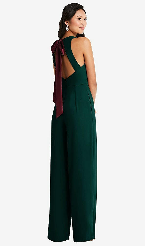 Front View - Evergreen & Cabernet Cutout Open-Back Halter Jumpsuit with Scarf Tie
