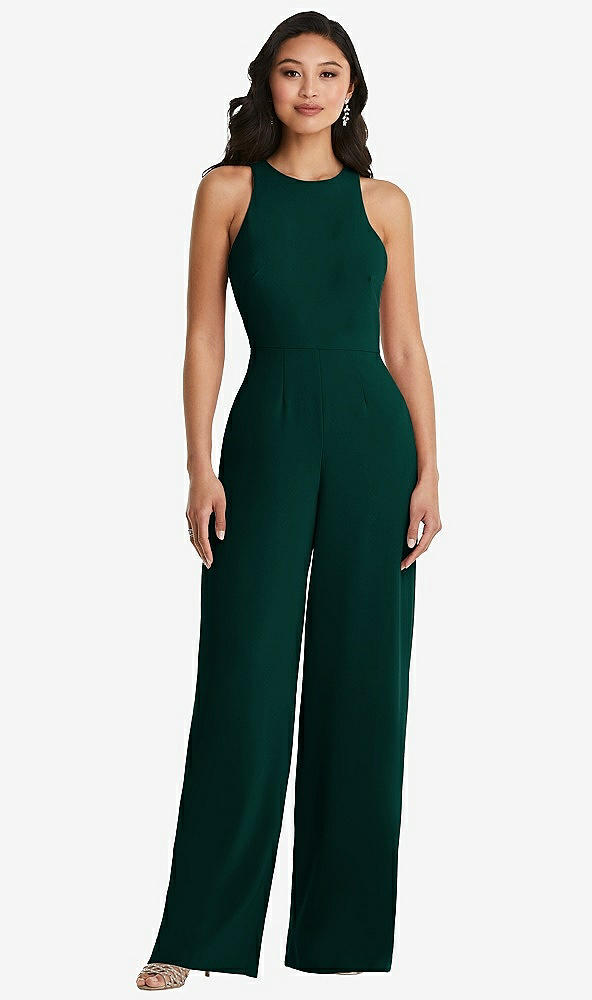 Back View - Evergreen & Cabernet Cutout Open-Back Halter Jumpsuit with Scarf Tie