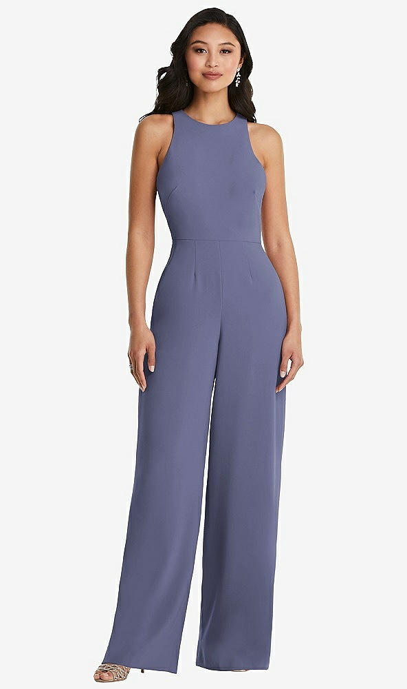 Back View - French Blue & Cabernet Cutout Open-Back Halter Jumpsuit with Scarf Tie