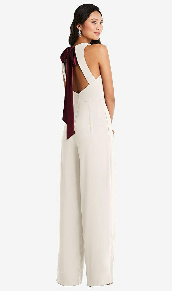 Front View - Ivory & Cabernet Cutout Open-Back Halter Jumpsuit with Scarf Tie