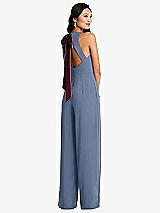 Front View Thumbnail - Larkspur Blue & Cabernet Cutout Open-Back Halter Jumpsuit with Scarf Tie