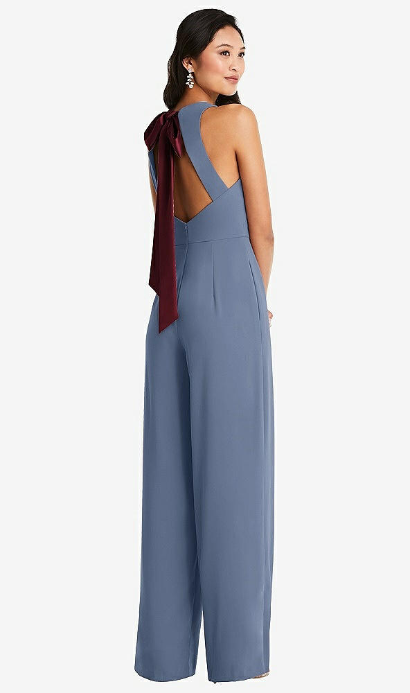 Front View - Larkspur Blue & Cabernet Cutout Open-Back Halter Jumpsuit with Scarf Tie