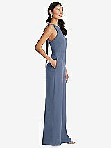 Side View Thumbnail - Larkspur Blue & Cabernet Cutout Open-Back Halter Jumpsuit with Scarf Tie