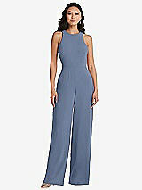 Rear View Thumbnail - Larkspur Blue & Cabernet Cutout Open-Back Halter Jumpsuit with Scarf Tie
