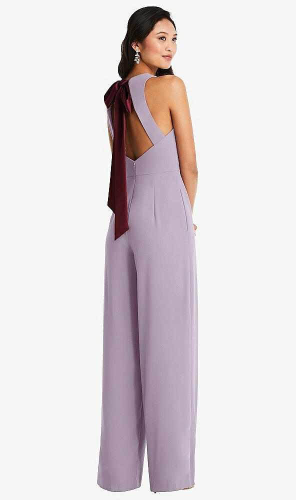 Front View - Lilac Haze & Cabernet Cutout Open-Back Halter Jumpsuit with Scarf Tie