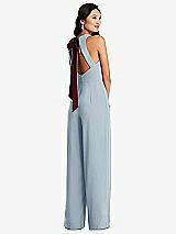 Front View Thumbnail - Mist & Cabernet Cutout Open-Back Halter Jumpsuit with Scarf Tie