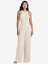 Rear View Thumbnail - Oat & Cabernet Cutout Open-Back Halter Jumpsuit with Scarf Tie