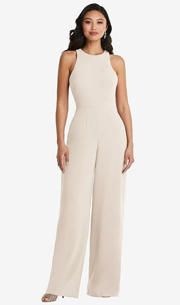 Back View - Oat & Cabernet Cutout Open-Back Halter Jumpsuit with Scarf Tie