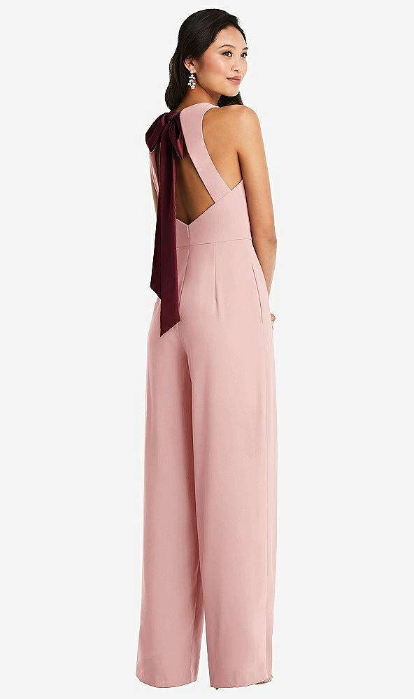Front View - Rose & Cabernet Cutout Open-Back Halter Jumpsuit with Scarf Tie