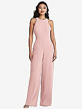 Rear View Thumbnail - Rose & Cabernet Cutout Open-Back Halter Jumpsuit with Scarf Tie