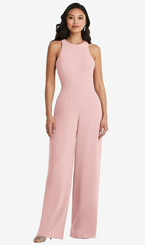 Back View - Rose & Cabernet Cutout Open-Back Halter Jumpsuit with Scarf Tie