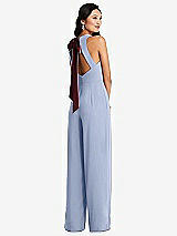 Front View Thumbnail - Sky Blue & Cabernet Cutout Open-Back Halter Jumpsuit with Scarf Tie
