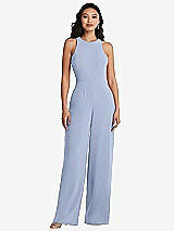 Rear View Thumbnail - Sky Blue & Cabernet Cutout Open-Back Halter Jumpsuit with Scarf Tie
