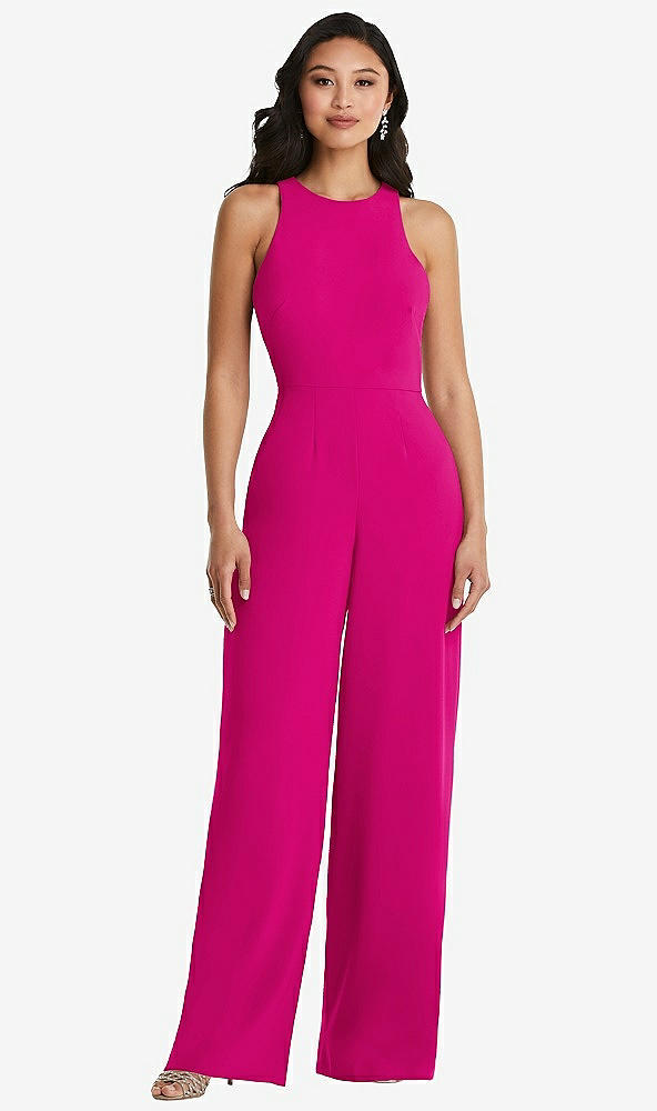 Back View - Think Pink & Cabernet Cutout Open-Back Halter Jumpsuit with Scarf Tie