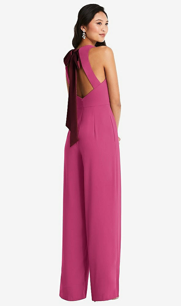 Front View - Tea Rose & Cabernet Cutout Open-Back Halter Jumpsuit with Scarf Tie