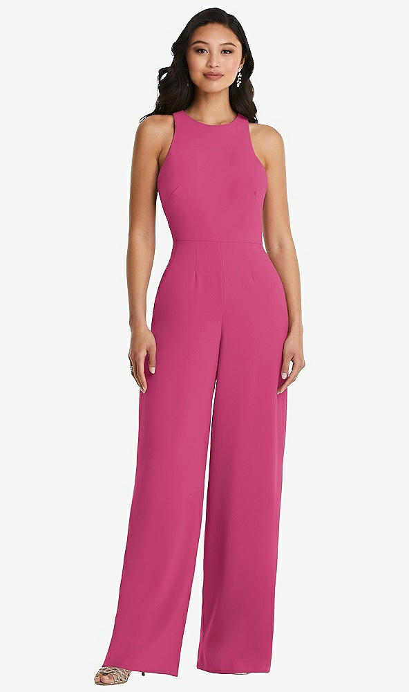 Back View - Tea Rose & Cabernet Cutout Open-Back Halter Jumpsuit with Scarf Tie