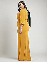 Alt View 2 Thumbnail - NYC Yellow & Evergreen Bishop Sleeve Open-Back Trumpet Gown with Scarf Tie