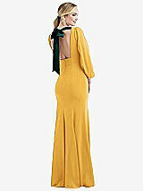 Front View Thumbnail - NYC Yellow & Evergreen Bishop Sleeve Open-Back Trumpet Gown with Scarf Tie