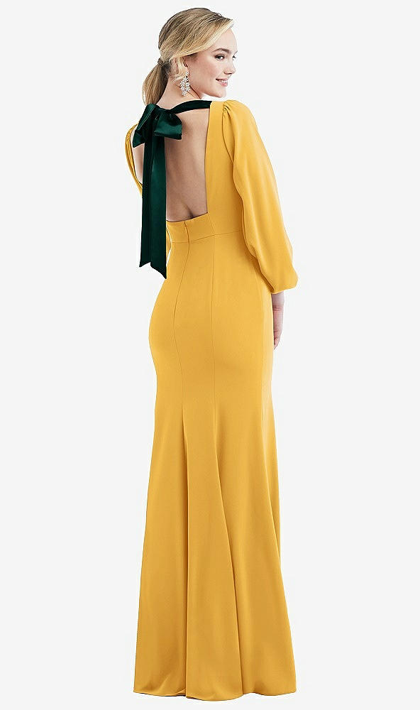 Front View - NYC Yellow & Evergreen Bishop Sleeve Open-Back Trumpet Gown with Scarf Tie