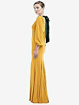 Side View Thumbnail - NYC Yellow & Evergreen Bishop Sleeve Open-Back Trumpet Gown with Scarf Tie