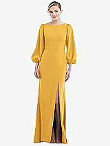 Rear View Thumbnail - NYC Yellow & Evergreen Bishop Sleeve Open-Back Trumpet Gown with Scarf Tie