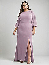 Alt View 1 Thumbnail - Suede Rose & Evergreen Bishop Sleeve Open-Back Trumpet Gown with Scarf Tie