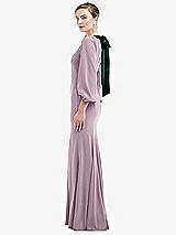 Side View Thumbnail - Suede Rose & Evergreen Bishop Sleeve Open-Back Trumpet Gown with Scarf Tie