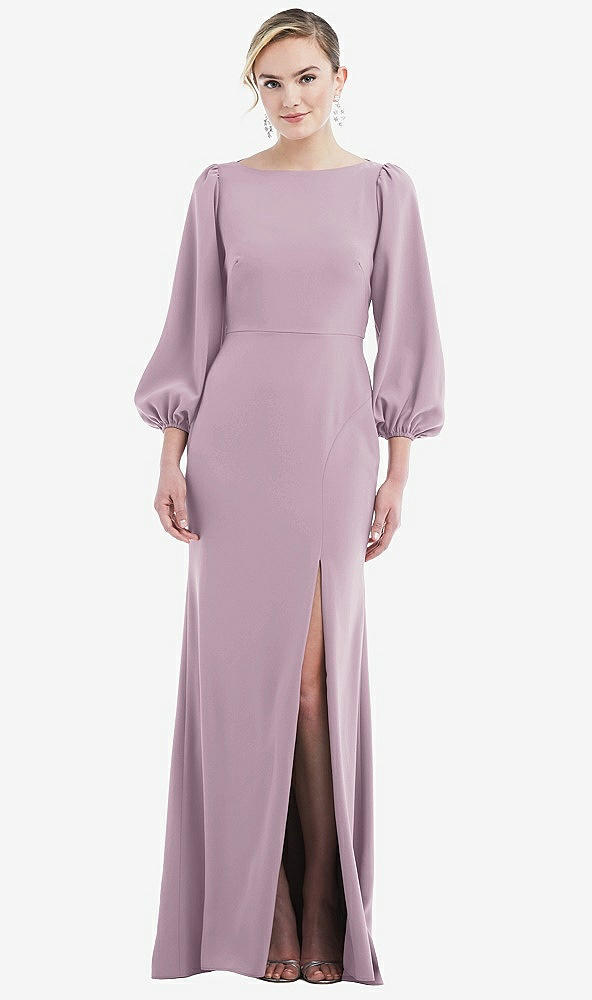 Back View - Suede Rose & Evergreen Bishop Sleeve Open-Back Trumpet Gown with Scarf Tie