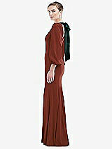 Side View Thumbnail - Auburn Moon & Evergreen Bishop Sleeve Open-Back Trumpet Gown with Scarf Tie