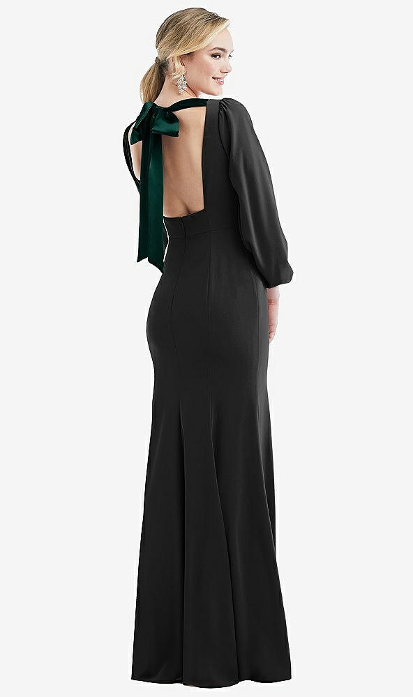 Front View - Black & Evergreen Bishop Sleeve Open-Back Trumpet Gown with Scarf Tie