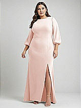Alt View 1 Thumbnail - Blush & Evergreen Bishop Sleeve Open-Back Trumpet Gown with Scarf Tie