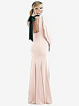 Front View Thumbnail - Blush & Evergreen Bishop Sleeve Open-Back Trumpet Gown with Scarf Tie