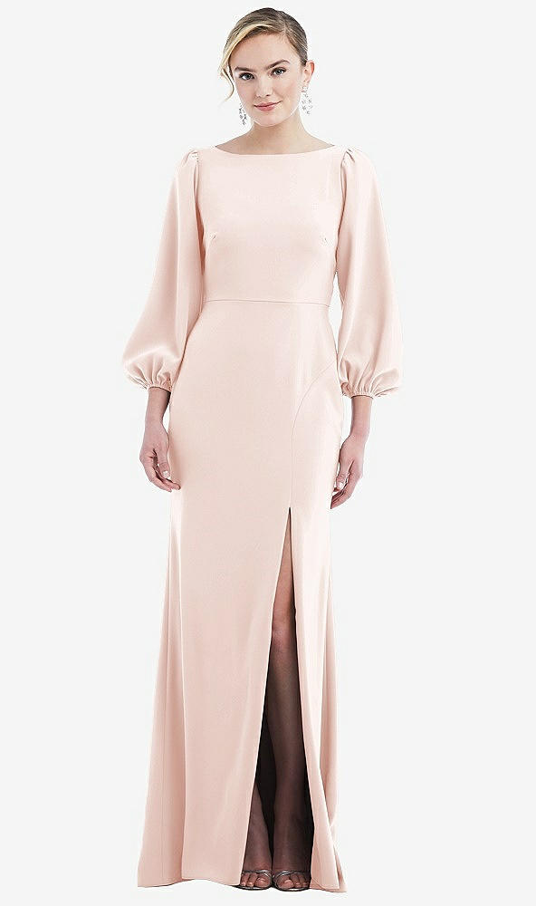 Back View - Blush & Evergreen Bishop Sleeve Open-Back Trumpet Gown with Scarf Tie