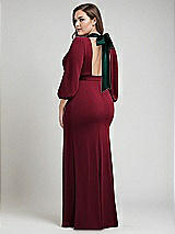 Alt View 3 Thumbnail - Burgundy & Evergreen Bishop Sleeve Open-Back Trumpet Gown with Scarf Tie