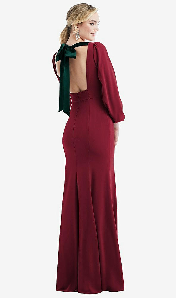 Front View - Burgundy & Evergreen Bishop Sleeve Open-Back Trumpet Gown with Scarf Tie
