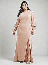 Alt View 1 Thumbnail - Cameo & Evergreen Bishop Sleeve Open-Back Trumpet Gown with Scarf Tie