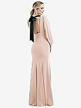 Front View Thumbnail - Cameo & Evergreen Bishop Sleeve Open-Back Trumpet Gown with Scarf Tie