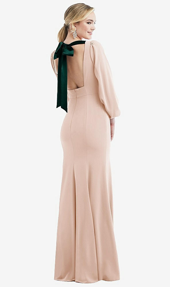 Front View - Cameo & Evergreen Bishop Sleeve Open-Back Trumpet Gown with Scarf Tie