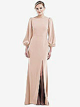 Rear View Thumbnail - Cameo & Evergreen Bishop Sleeve Open-Back Trumpet Gown with Scarf Tie