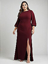 Alt View 1 Thumbnail - Cabernet & Evergreen Bishop Sleeve Open-Back Trumpet Gown with Scarf Tie