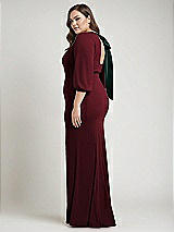 Alt View 2 Thumbnail - Cabernet & Evergreen Bishop Sleeve Open-Back Trumpet Gown with Scarf Tie