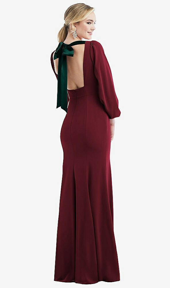 Front View - Cabernet & Evergreen Bishop Sleeve Open-Back Trumpet Gown with Scarf Tie